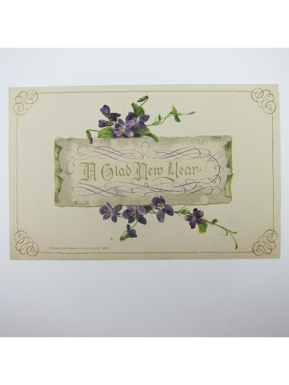 Postcard New Year's Purple Violets Flowers Winsch Gold Embossed Antique 1913